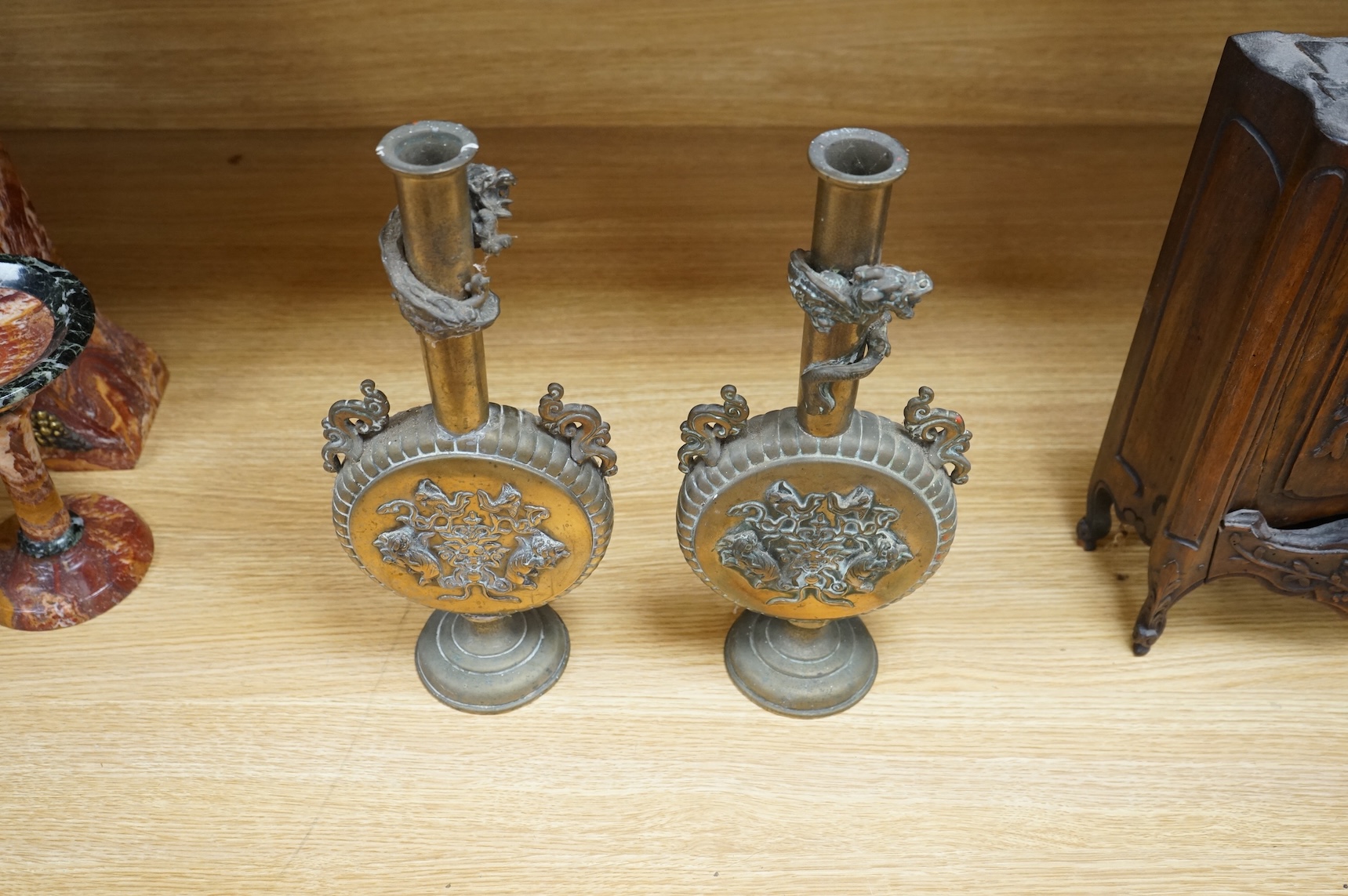 A pair of 19th century Japanese bronze moonflasks, with dragon motifs, 35cm high